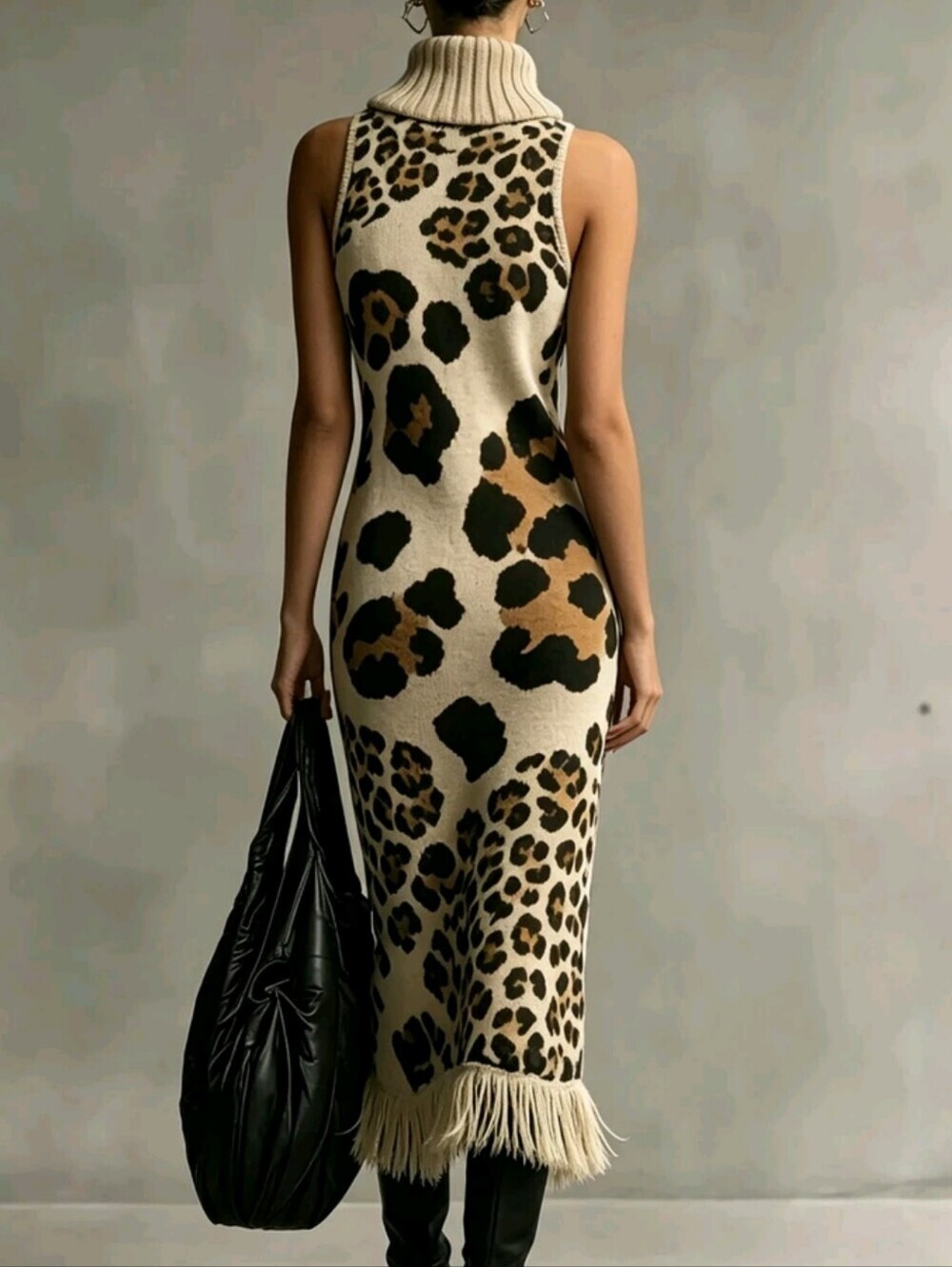 Vintage Leopard Print High Neck Sleeveless Knit Dress With Tassel Hem - Picture 2 of 4